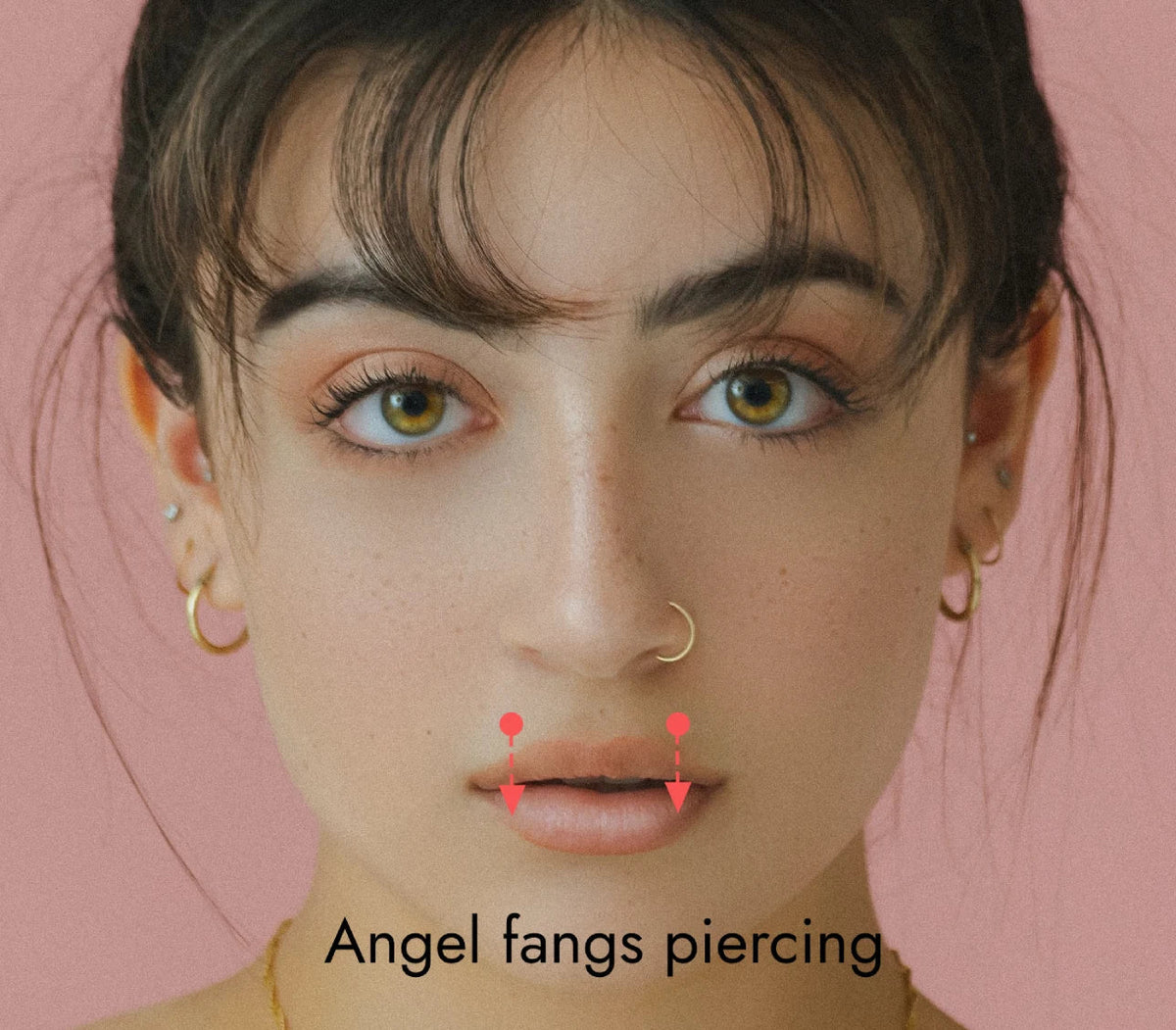 A close-up of a person with symmetrical Angel Fangs piercings on their upper lip.