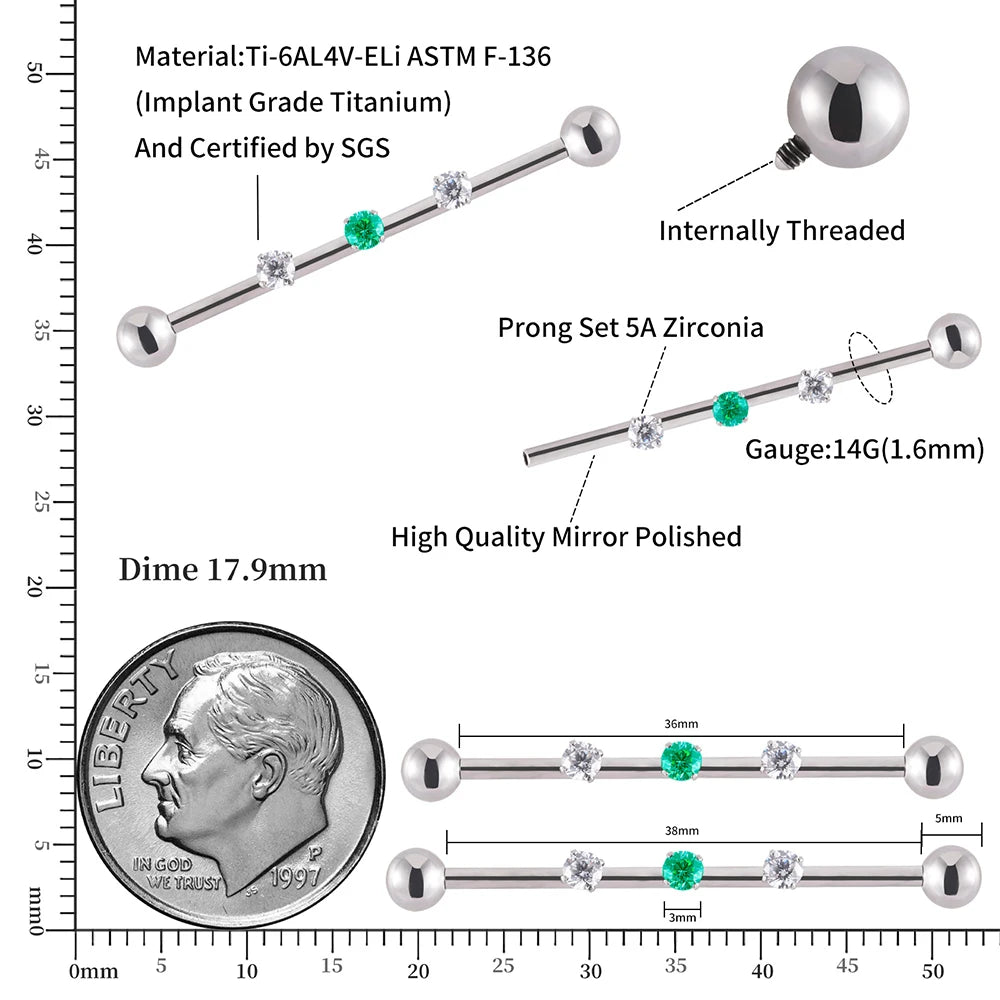 Lindo piercing industrial titanio 14G femenino industrial barbell piercing plata con cz 36mm 38mm