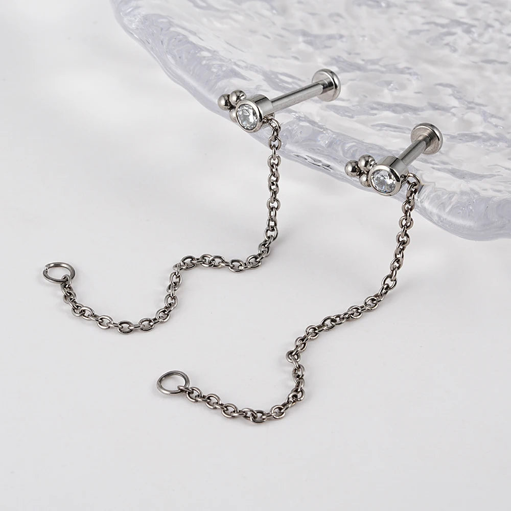 Helix piercing chain titanium chain earring with a clear diamond and 3 dots conch piercing