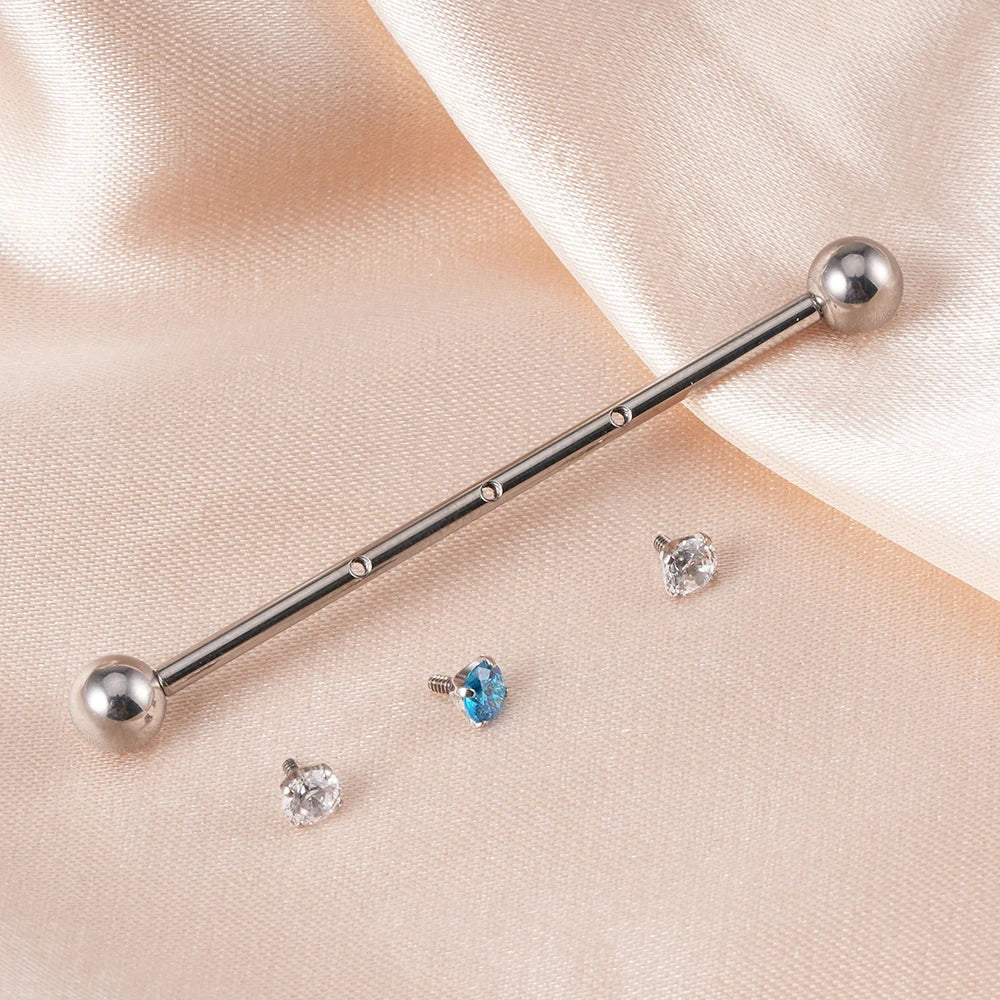 Cute industrial piercing titanium 14G feminine industrial barbell piercing silver with cz 36mm 38mm