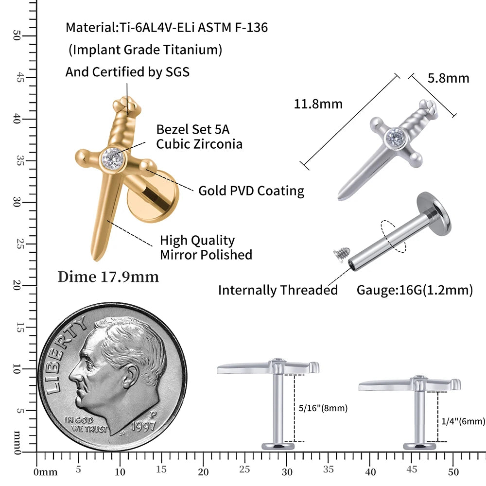 Dolch-Ohrring mit einem CZ-Stein, Titan, Gold und Silber, Labret-Piercing, 16G-Schwert-Ohrstecker mit Innengewinde