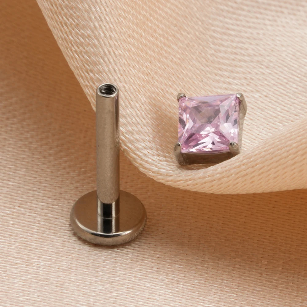 Pink diamond stud earring blue green purple clear square diamond earring titanium 16G flat back