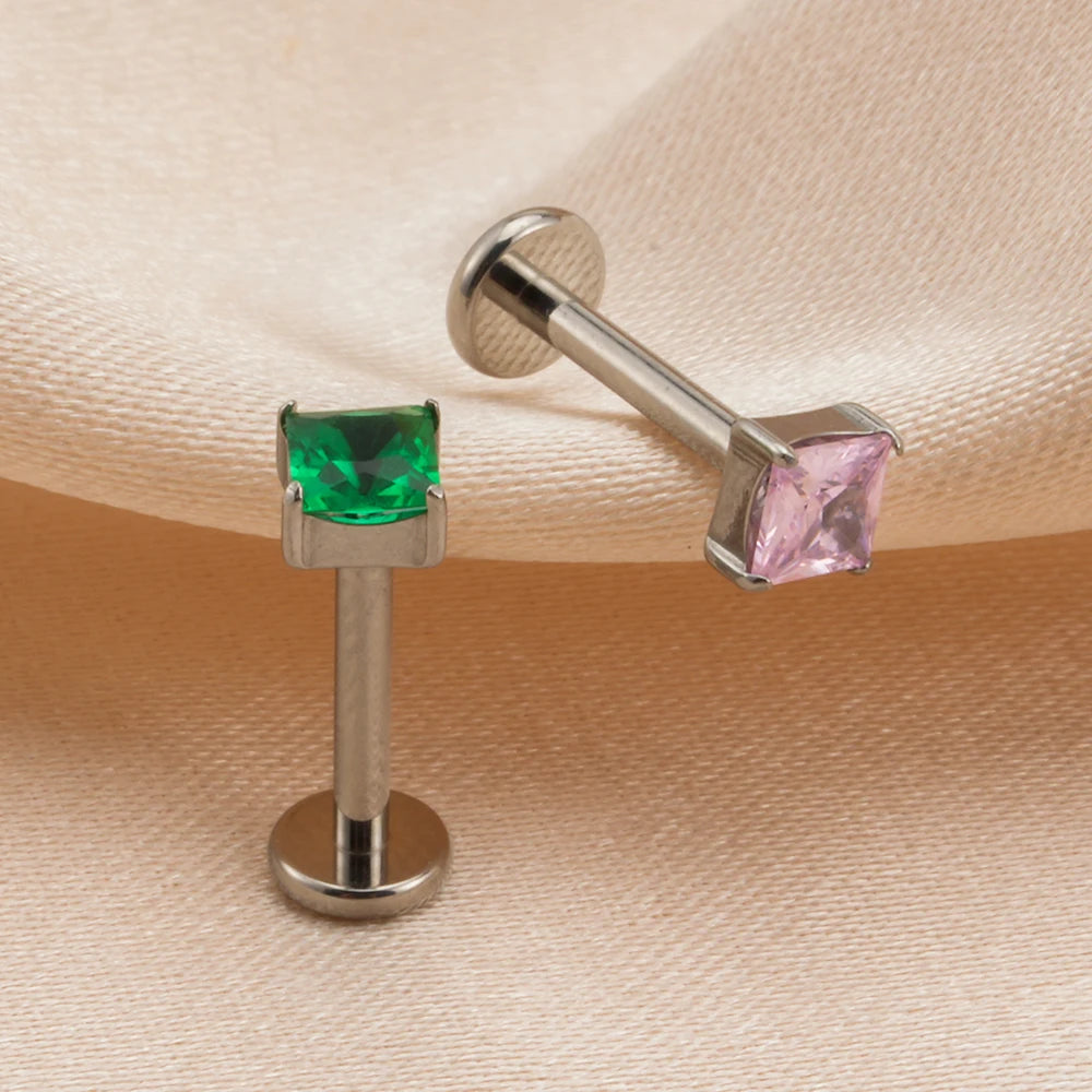 Rosafarbener Diamant-Ohrstecker, blau, grün, lila, klarer, quadratischer Diamant-Ohrring aus Titan, 16G, flache Rückseite