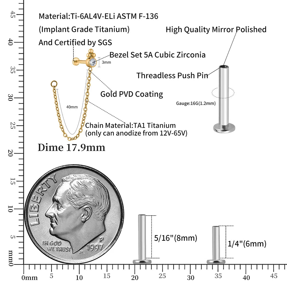 Helix-Piercing-Kettenohrring aus Titan mit einem klaren Diamanten und einem Conch-Piercing mit 3 Punkten