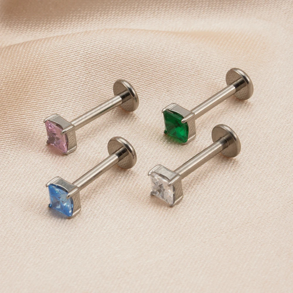 Rosafarbener Diamant-Ohrstecker, blau, grün, lila, klarer, quadratischer Diamant-Ohrring aus Titan, 16G, flache Rückseite