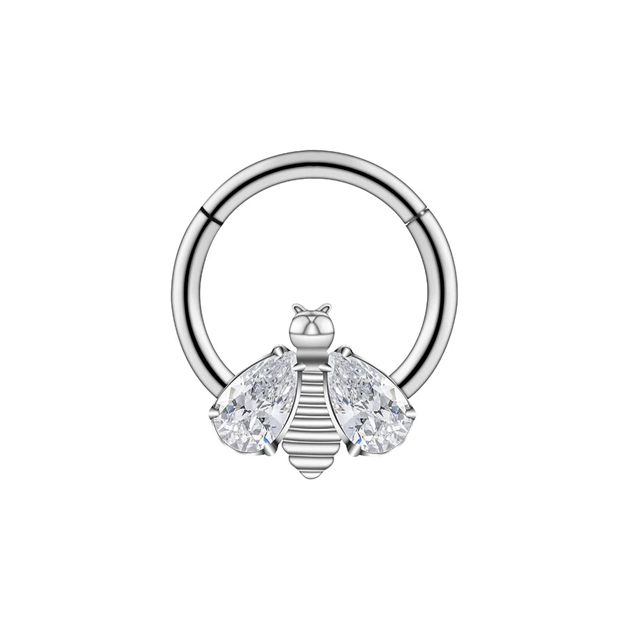 Bee septum ring bumble bee septum ring silver 16G titanium with CZ stones hinged segment clicker