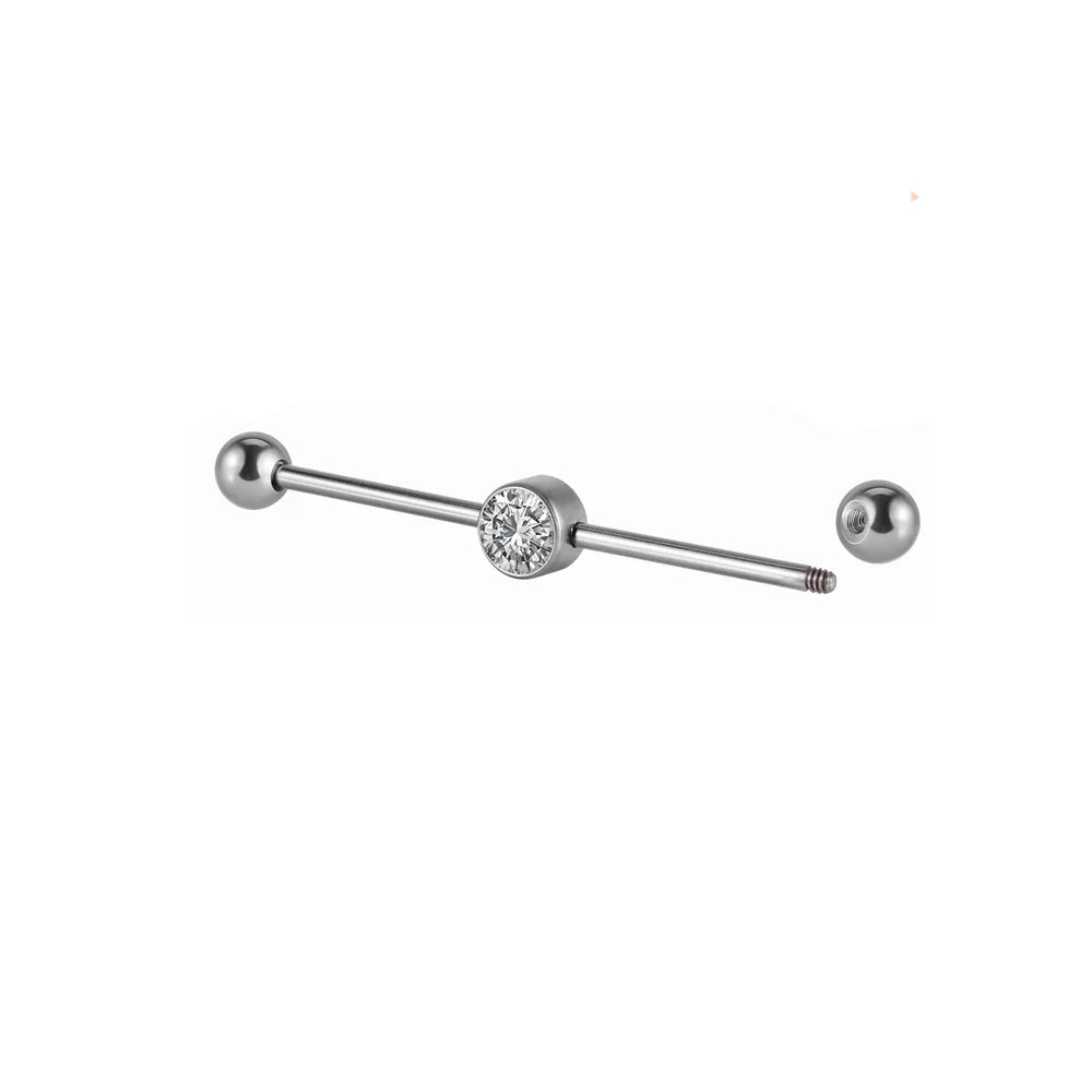 Stoere industrial piercing met een heldere diamant titanium industrial barbell 14G 38mm roze groen blauw zilver