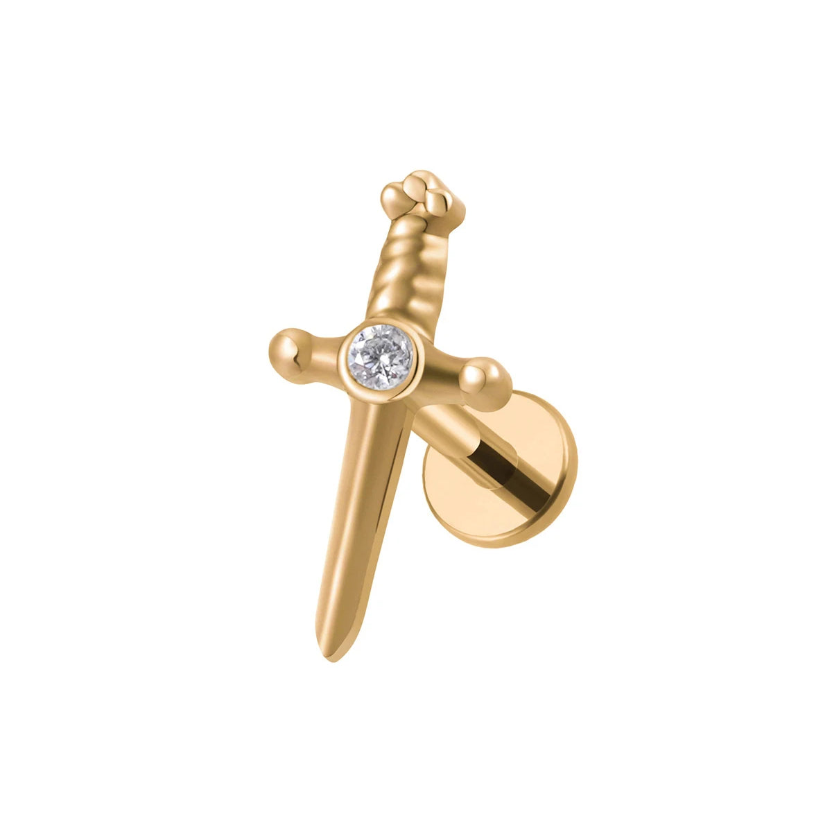 Dagger earring stud with a cz stone titanium gold and silver labret piercing 16G internally threaded sword ear stud