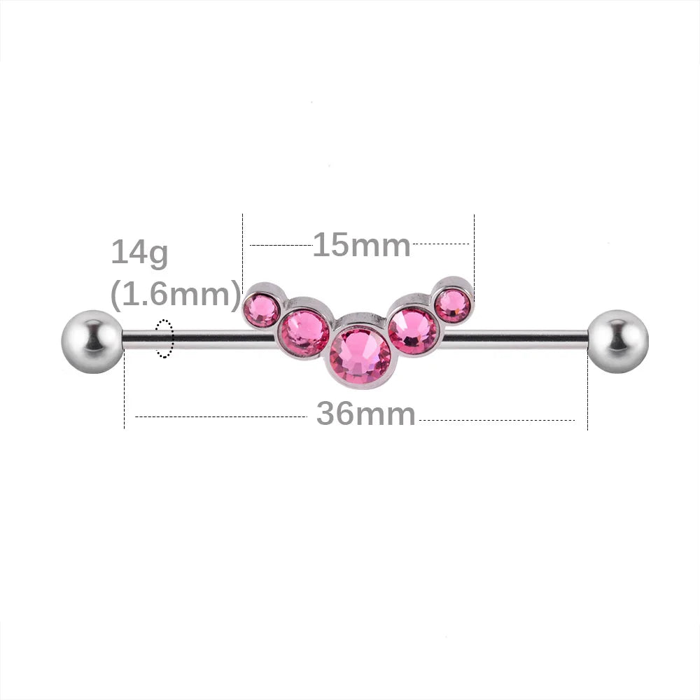 Cool industrial piercing jewelry with 5 stones titanium industrial barbell 14G 36mm