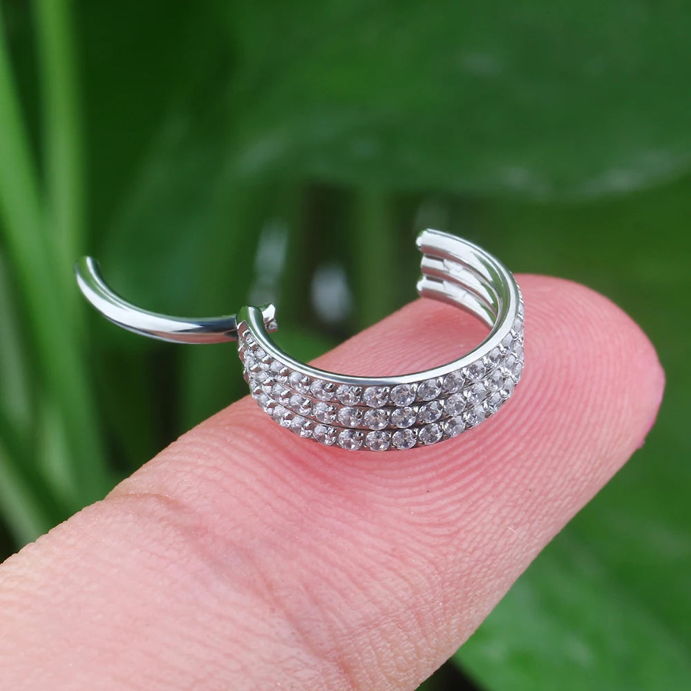 Thick conch hoop chunky conch ring with three layers of diamonds titanium 16G