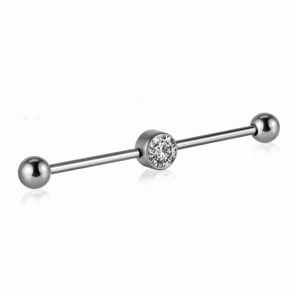 Cool industrial piercing with a clear diamond titanium industrial barbell 14G 38mm pink green blue silver