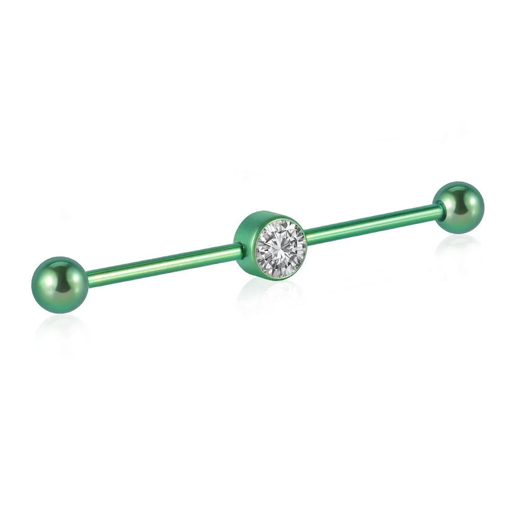 Genial piercing industrial con barra industrial de titanio con diamante transparente 14G 38 mm rosa verde azul plata