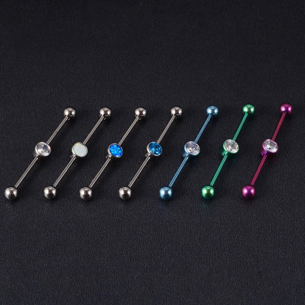 Cooles Industriepiercing mit klarem Diamant-Titan-Industriebarbell, 14G, 38 mm, rosa, grün, blau, Silber