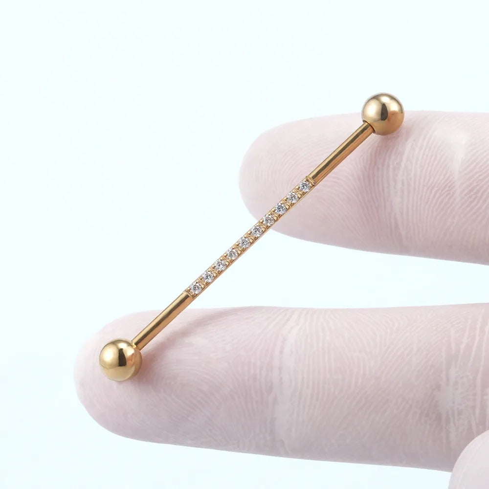 Industrial bar piercing cute with CZ stones gold and silver titanium 14G industrial barbell