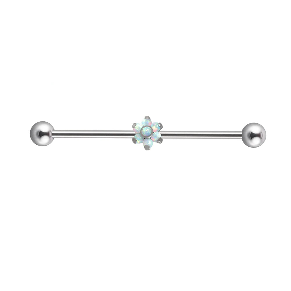 Opal industrial piercing with a flower clear white and blue opal barbell piercing titanium 14G