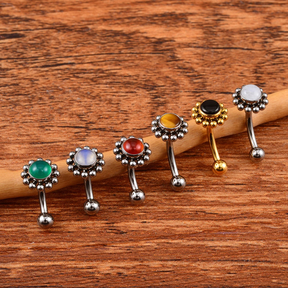 Rook-Piercing-Ohrstecker mit natürlichen Edelsteinen, Titan 16G, Blumen-Rook-Ohrring, gebogene Hantel