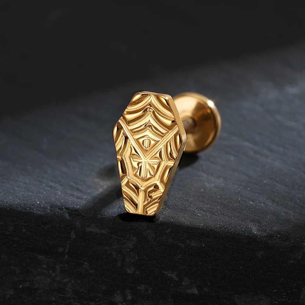 Coffin piercing titanium labret stud with a carved spiderweb Halloween jewelry