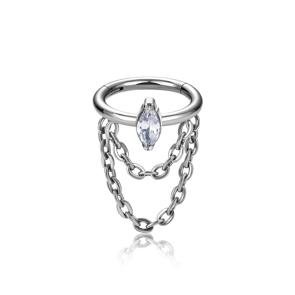 Anneau de perçage d'oreille avec double chaîne et une pierre claire marquise en titane