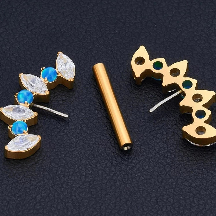 Brustwarzenpiercing-Stab, 14 g Gold, Nippelstab mit blauen Opalsteinen, Titan in Implantatqualität, 1 Stück