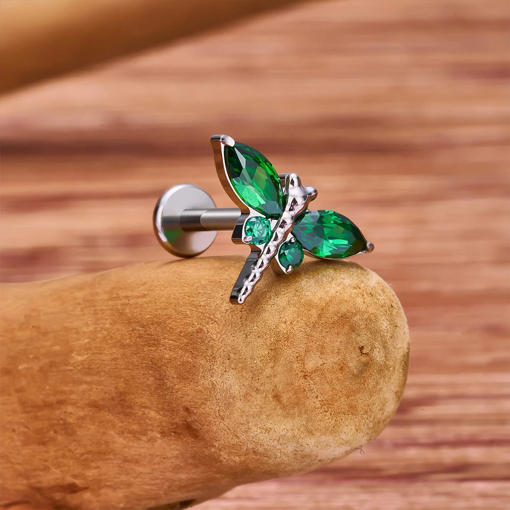 Dragonfly stud oorbel neus stud titanium piercing stud met helder roze of groene diamanten