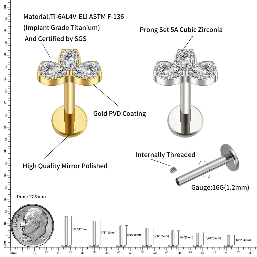 Gold ashley piercing with three diamonds ashley labret piercing titanium lip piercing stud 16G