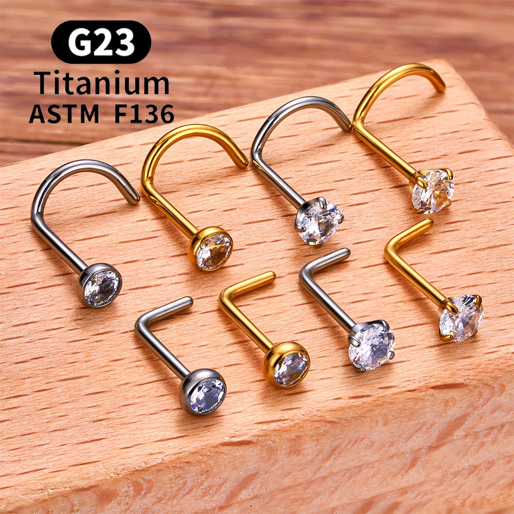20 gauge L shaped nose ring with a round CZ stone titanium nose stud silver and gold