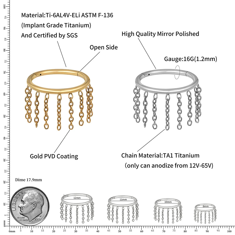 Nauwsluitende piercinghoepel met kettingen 16G titanium goud zilver scharnierende segmentclicker