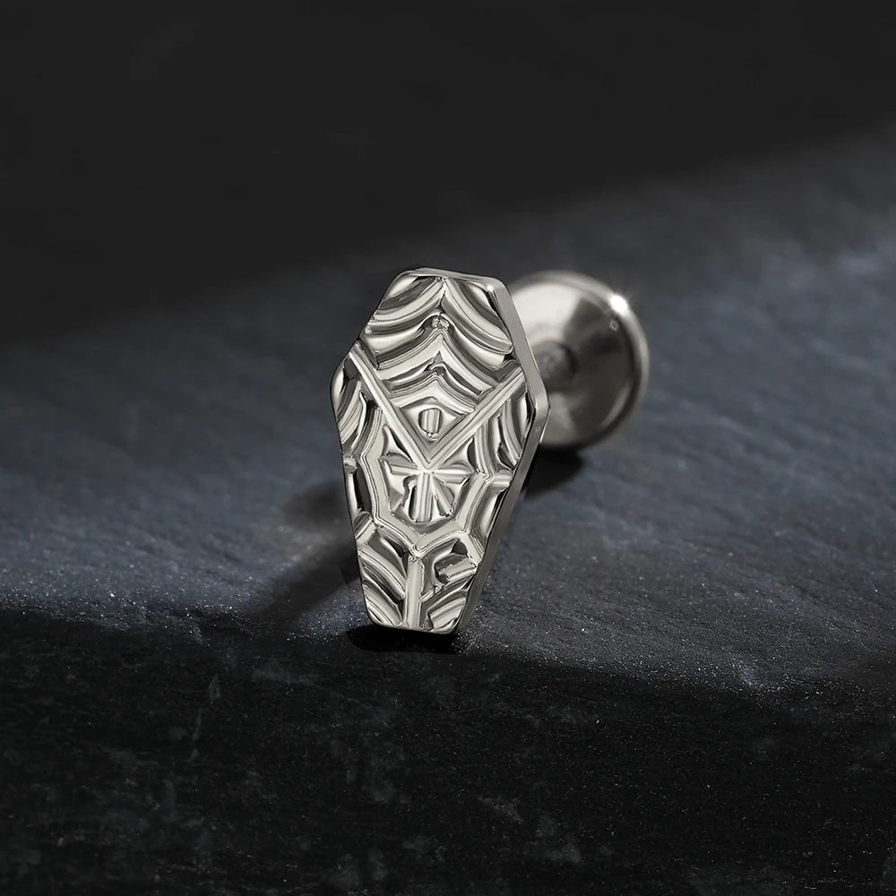 Coffin piercing titanium labret stud with a carved spiderweb Halloween jewelry