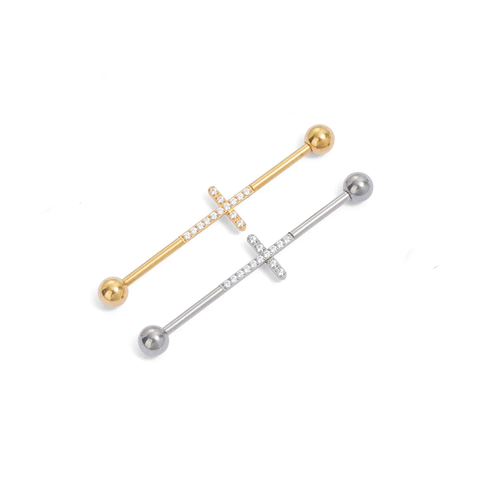 Cross industrial piercing titanium industrial barbell 16G 14G with a cross 35mm 36mm 38mm with CZ industrial bar piercing gold silver