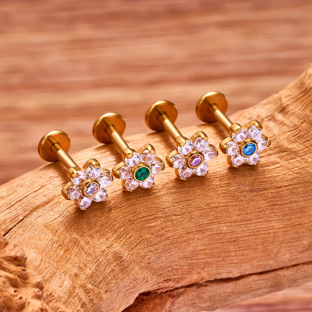 Flat cartilage piercing in a flower shape with colorful cz titanium labret stud 16G