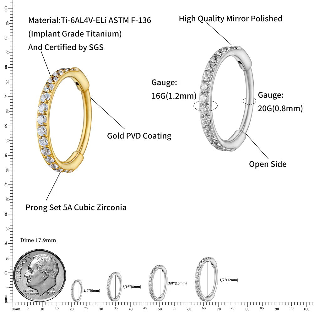 Oorschelp piercing hoepel met heldere zirkonia's titanium Huggie hoop oorbel