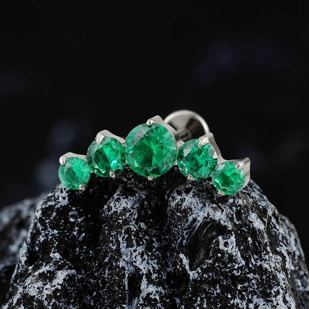 Green diamond stud earring with five round green cz stones long ear stud helix piercing titanium 16G