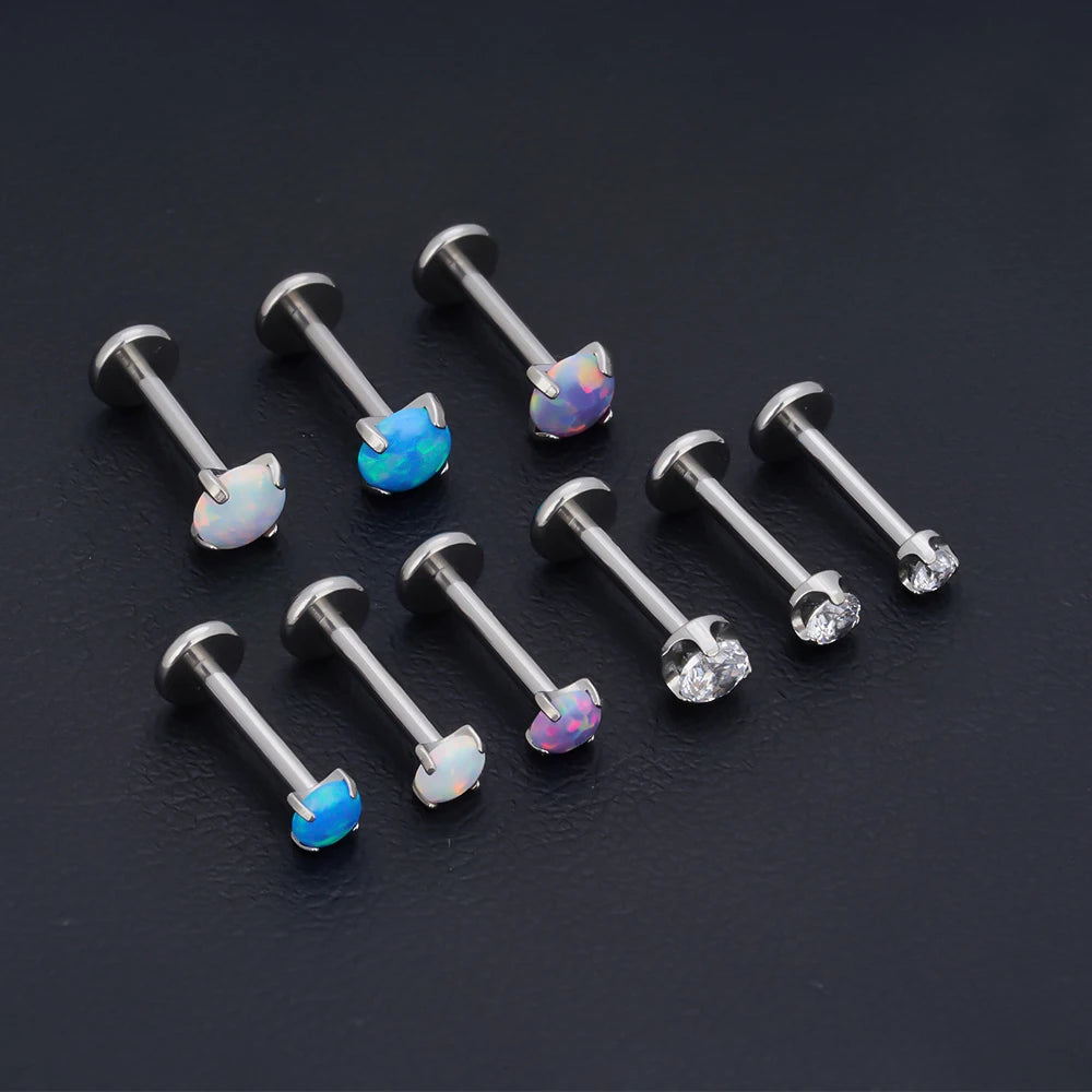 Opaal Medusa piercing met wit blauw paars opaal schattig en klein titanium lip stud neus stud oorsteker