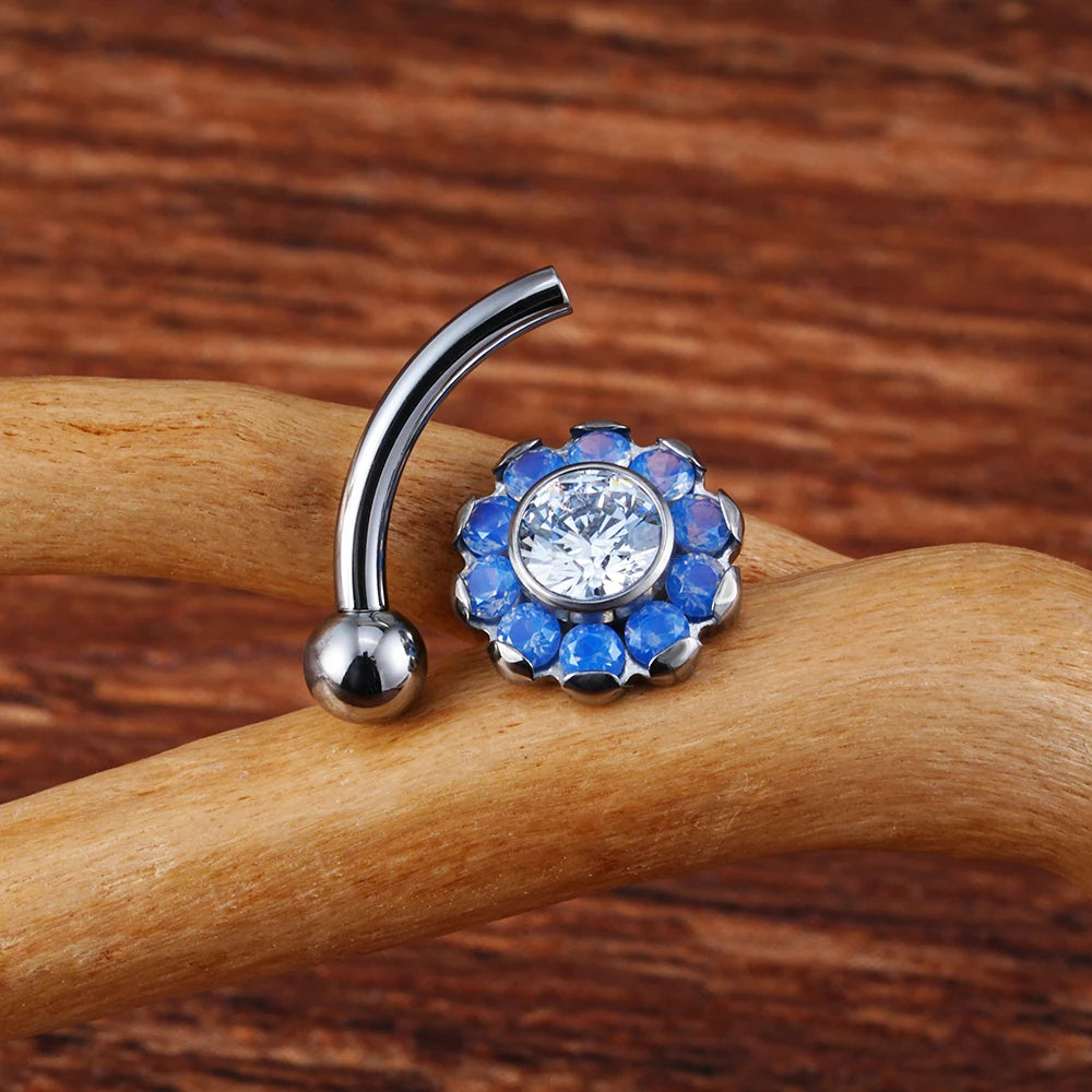Pretty vertical labret piercing flower shape with opal and clear CZ stones cute and unique titanium curved barbell 16G