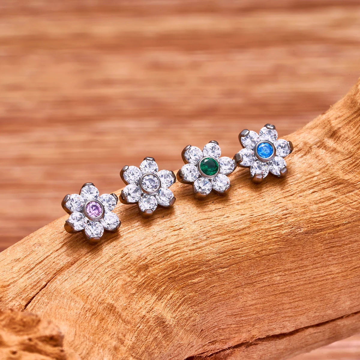 Flat cartilage piercing in a flower shape with colorful cz titanium labret stud 16G