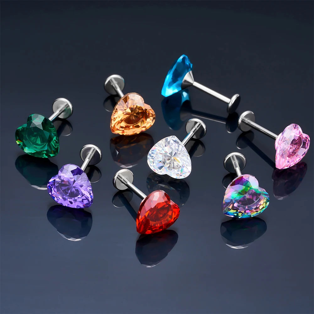 Large and fancy labret stud with a big heart top threadless made of titanium 16G