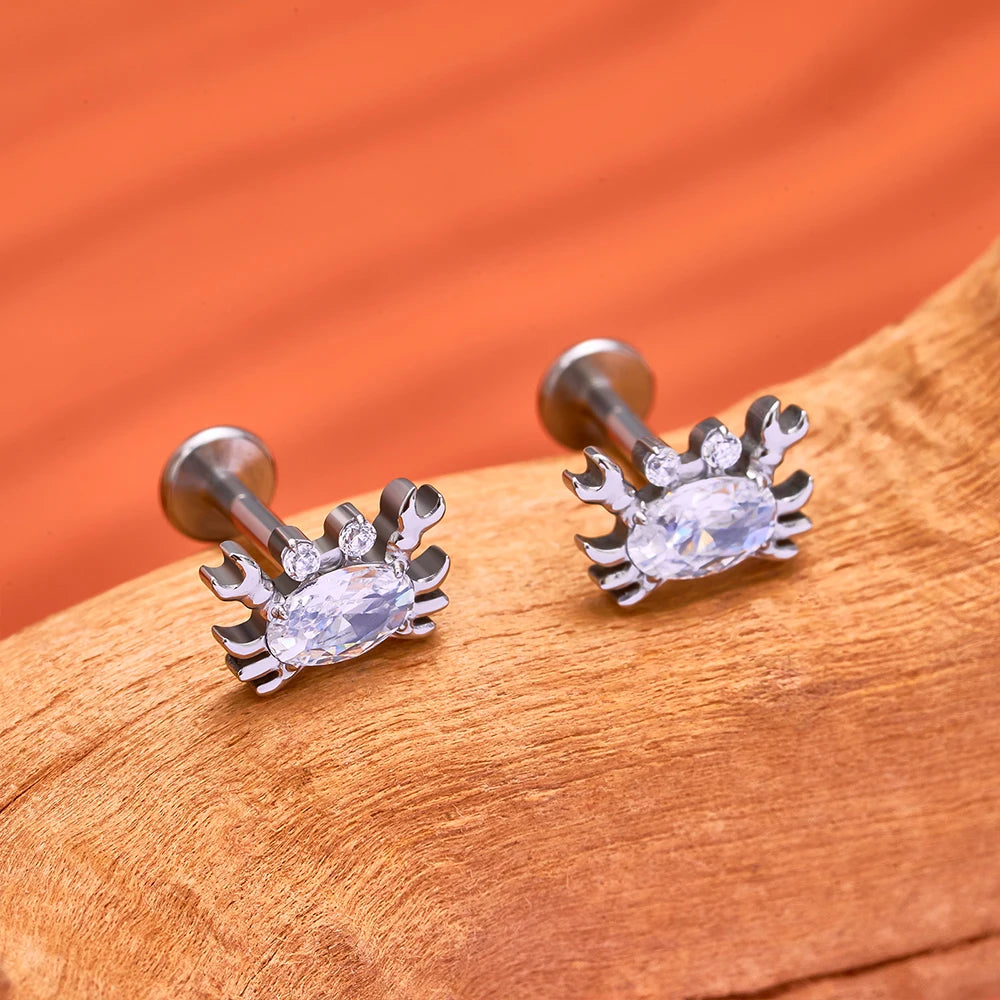 Krabben-Piercing-Labret mit klaren CZ-Steinen, Titan-Ohrstecker, Nasenstecker 16G