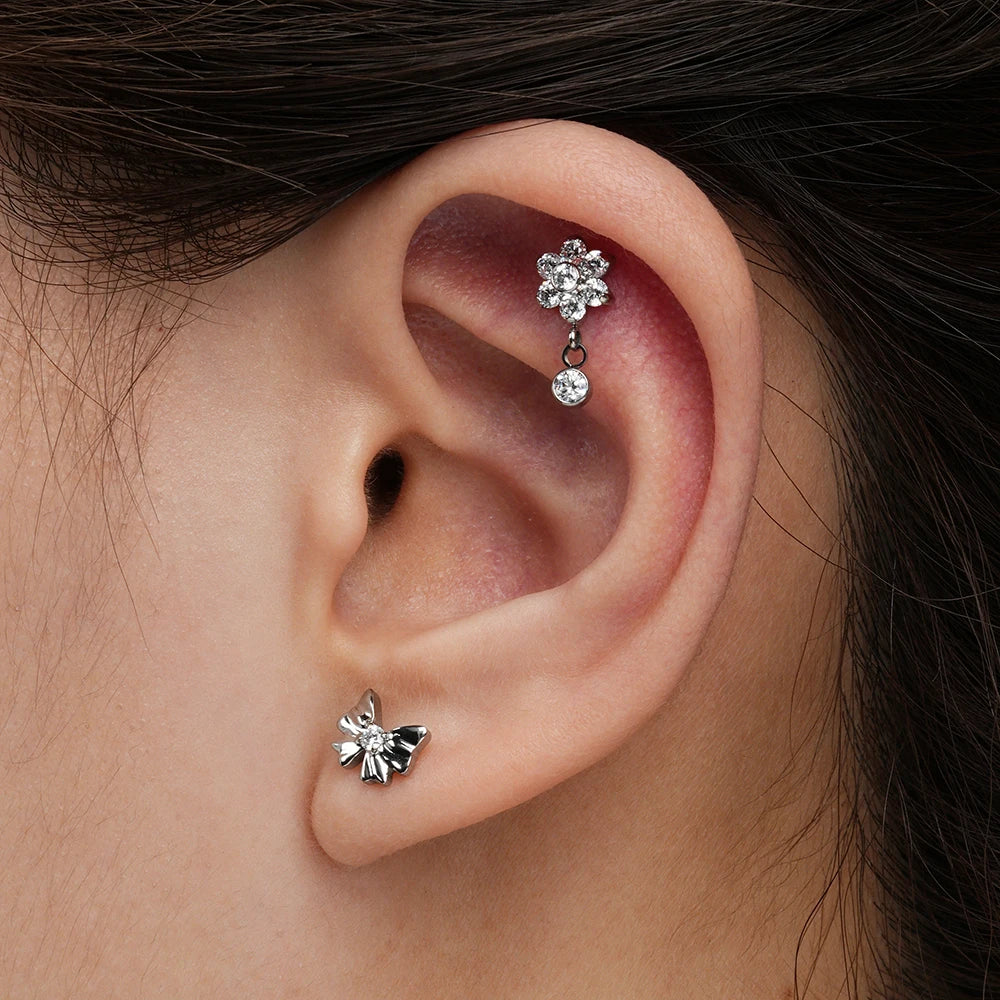 Flower helix earring with clear blue purple CZ titanium dangle earring 16G conch piercing