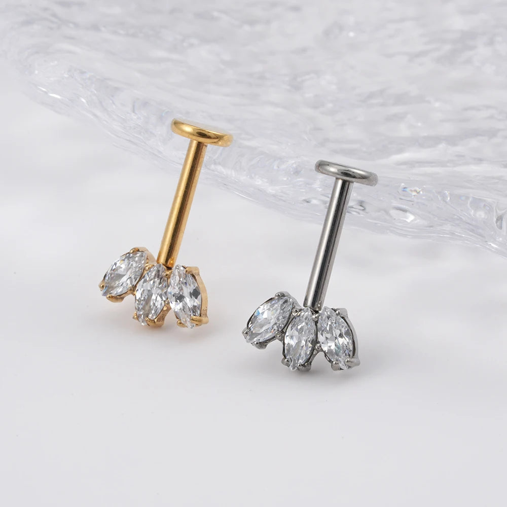 Vertical helix stud with three clear cz stones in gold and silver titanium stud earring 16G