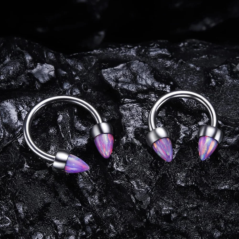 Cerceau de nez opale avec pointes, anneau de septum en titane, haltère en fer à cheval 16G, opale bleue, opale blanche, opale violette
