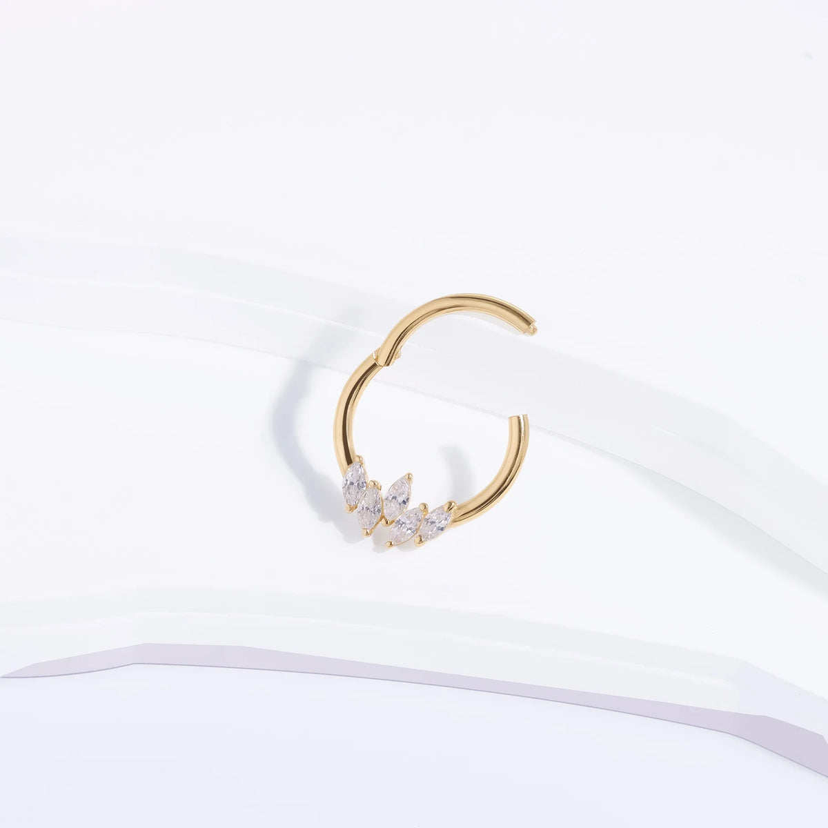Anillo de tabique de oro de 14k con piedras CZ transparentes anillo de nariz de anillo clicker de segmento con bisagras de oro macizo 16G