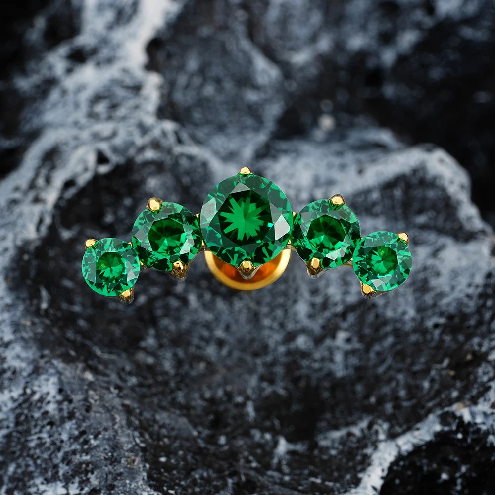 Green diamond stud earring with five round green cz stones long ear stud helix piercing titanium 16G