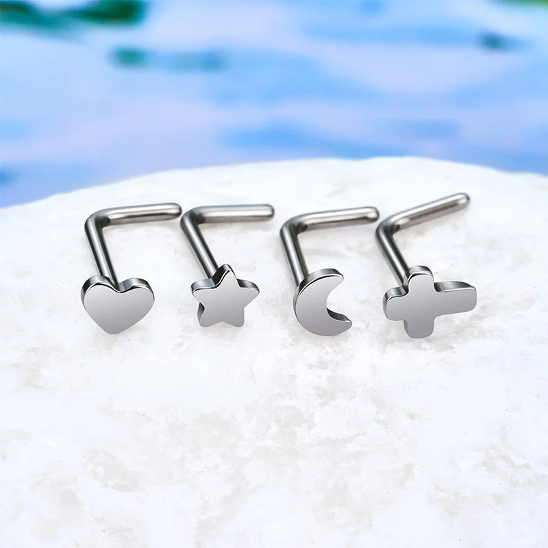 L shaped nose ring with a heart titanium nose stud 20 gauge