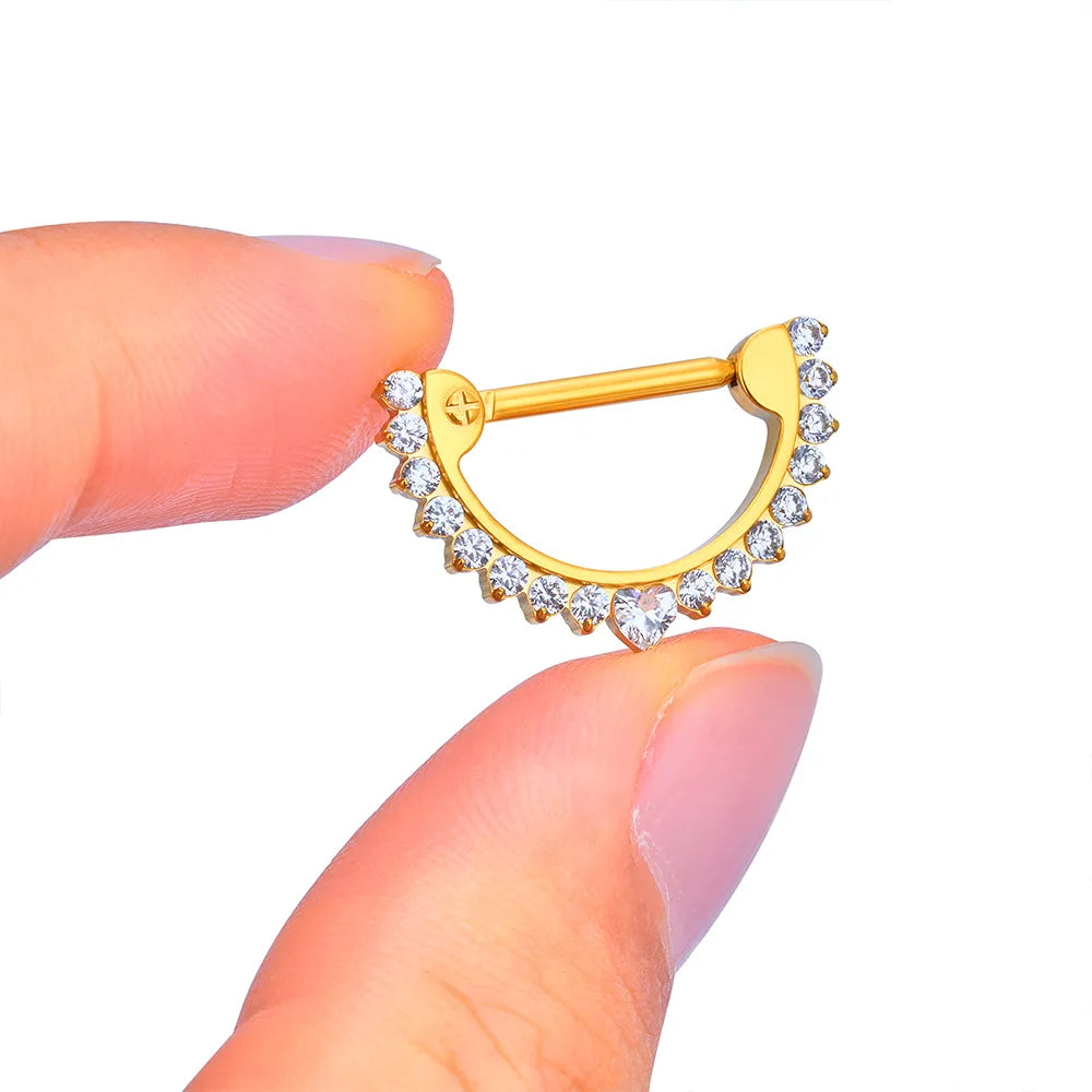 Halbkreisförmiger Nippelring aus 14 g Gold und Silber mit CZ-Steinen aus Titan in Implantatqualität, 1 Stück