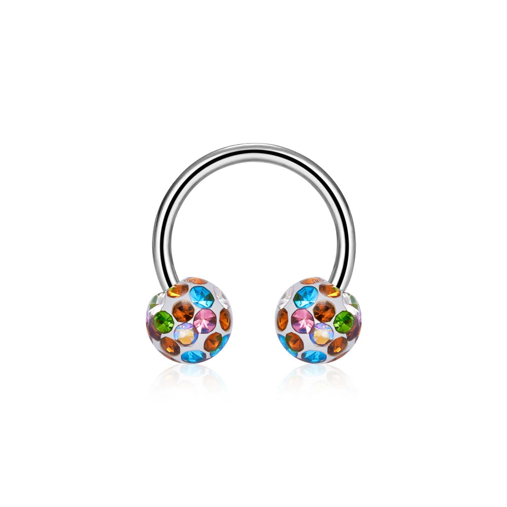 Horseshoe septum ring with clear pink and colorful crystals titanium circular barbell