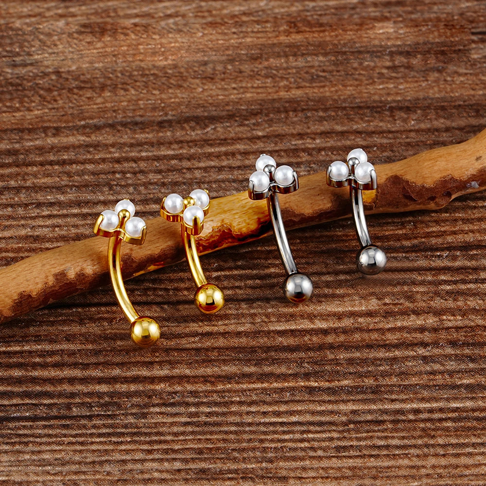 Anti-tragus curved barbell with three pearls titanium rook piercing