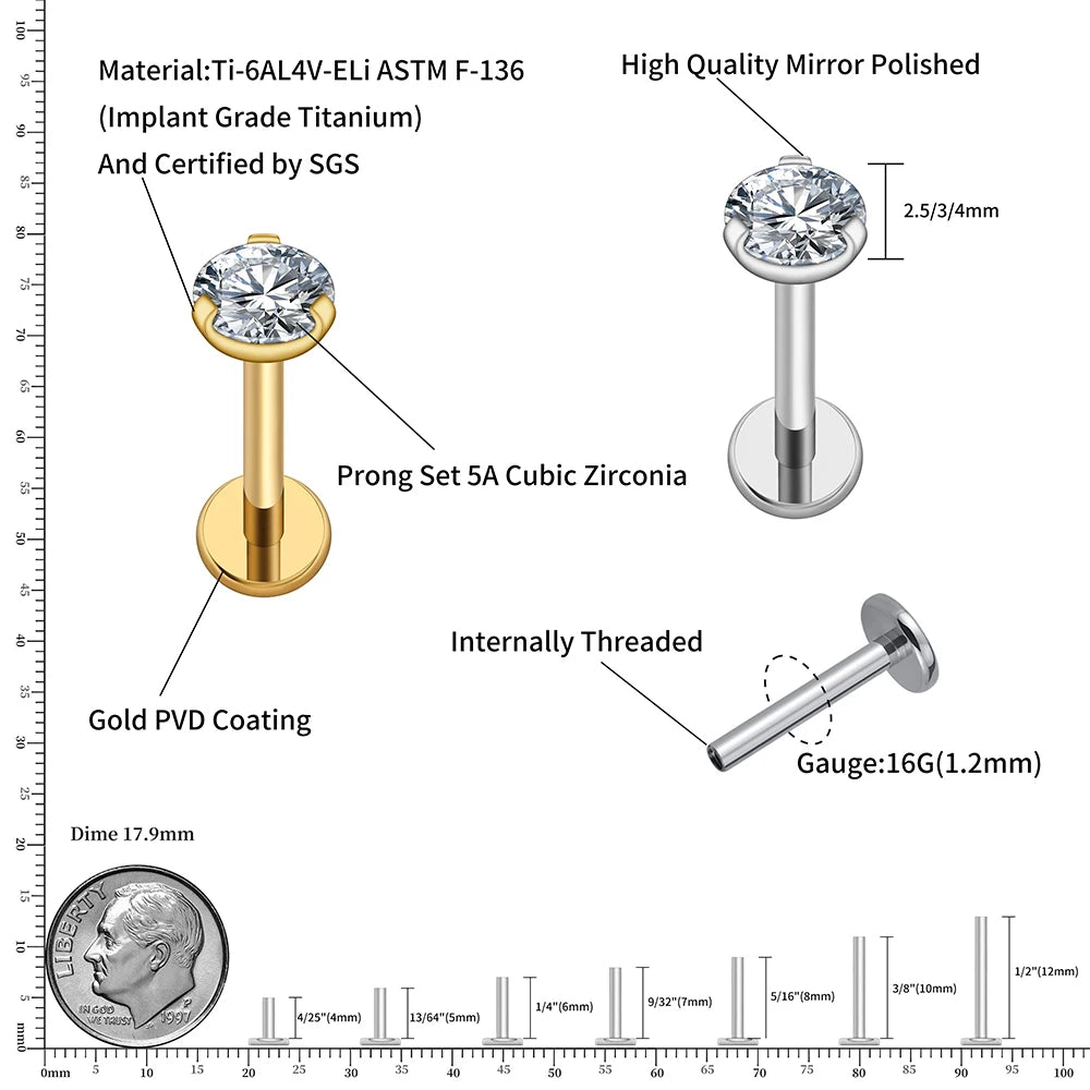 Enkele diamanten stud oorbel met een cz steen titanium 2,5 mm 3 mm 4 mm labret stud 16G plaksteen