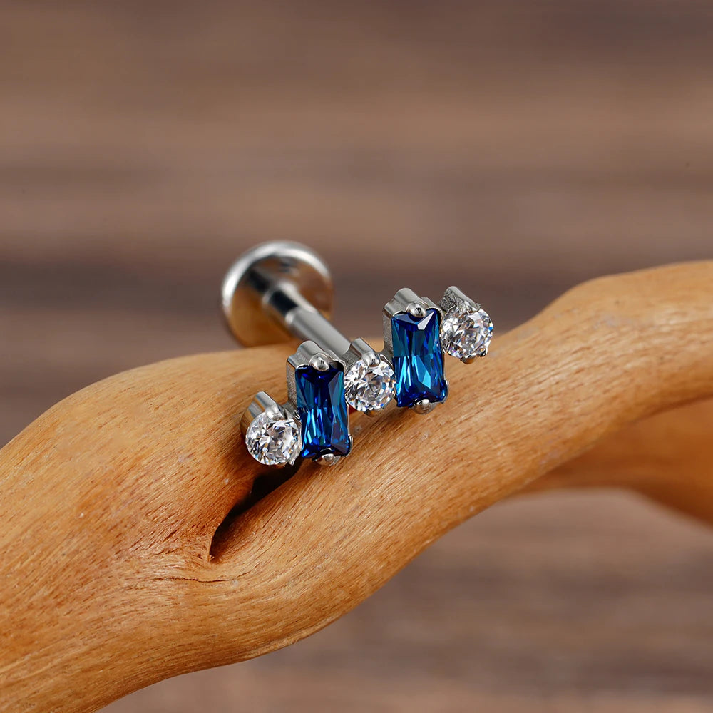 Piercing labret with baguette blue cz stones modern and elegant titanium 16G