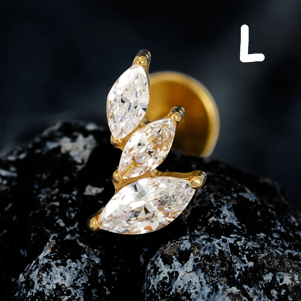 Diamond labret stud with three marquise clear cz stones titanium cluster ear stud