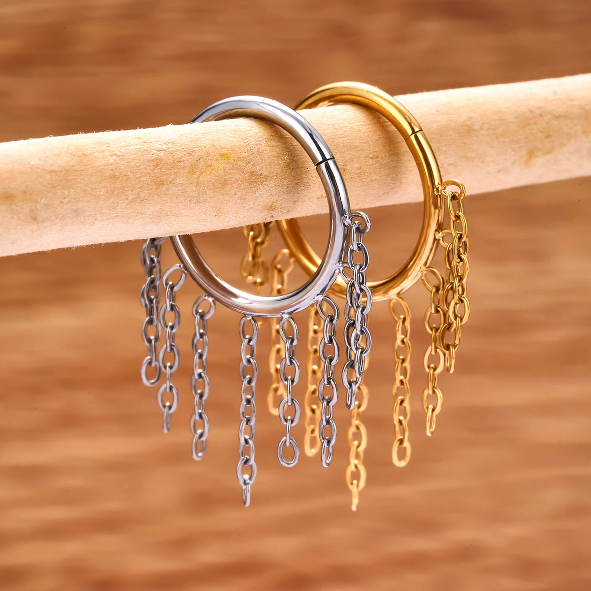 Snug piercing hoop with chains 16G titanium gold silver hinged segment ...